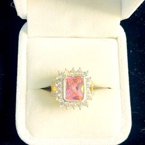 Emerald Cut Pink stone and crystals 925 Sterling Silver